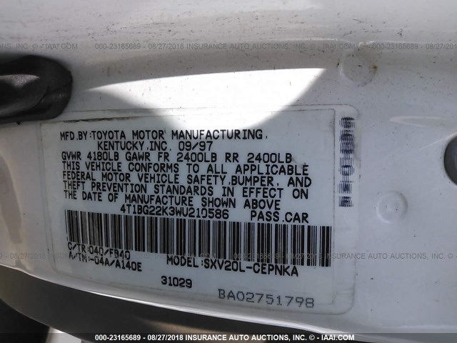 4T1BG22K3WU210586 - 1998 TOYOTA CAMRY CE/LE/XLE 白色 照片 9