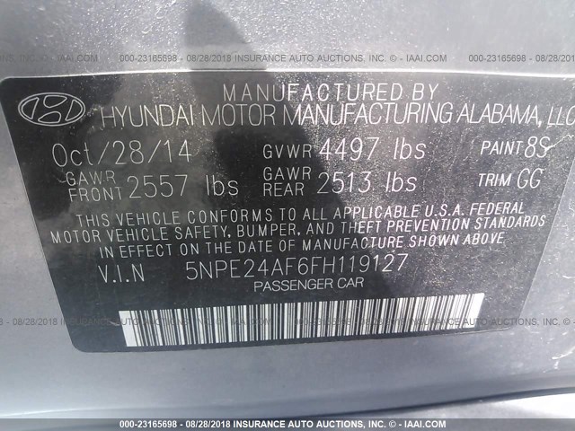 5NPE24AF6FH119127 - 2015 HYUNDAI SONATA SE GRAY photo 9