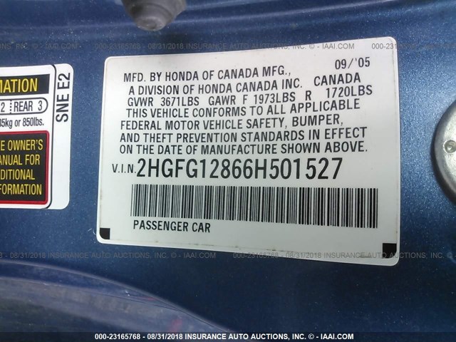 2HGFG12866H501527 - 2006 HONDA CIVIC EX BLUE photo 9