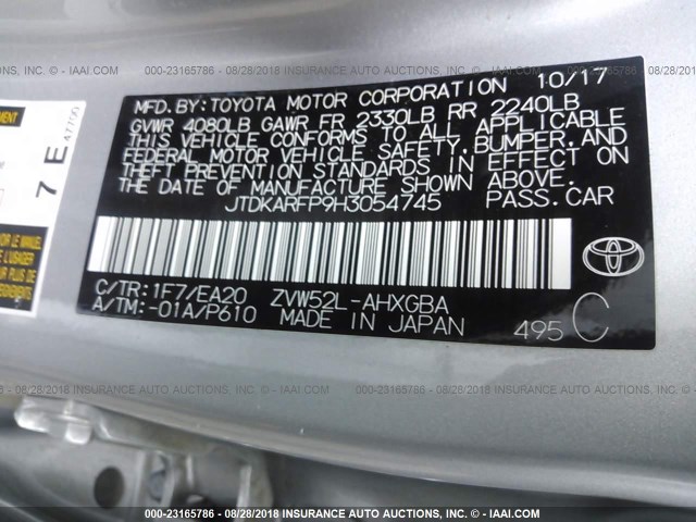 JTDKARFP9H3054745 - 2017 TOYOTA PRIUS PRIME  银色 照片 9