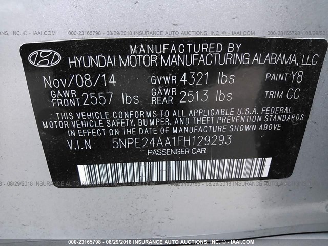 5NPE24AA1FH129293 - 2015 HYUNDAI SONATA ECO SILVER photo 9