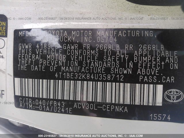 4T1BE32K84U358712 - 2004 TOYOTA CAMRY LE/XLE/SE WHITE photo 9