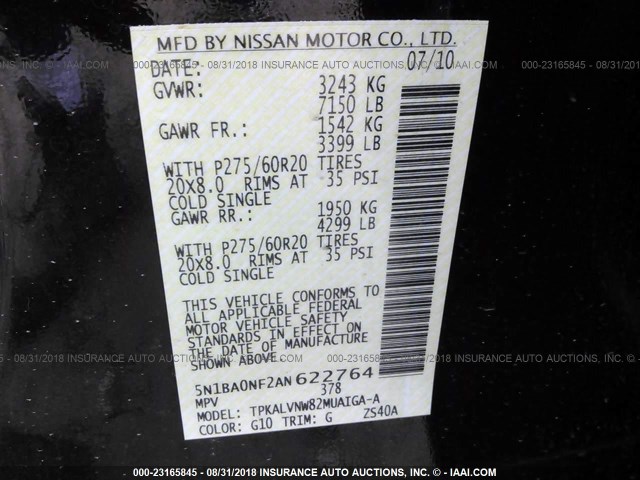 5N1BA0NF2AN622764 - 2010 NISSAN ARMADA PLATINUM BLACK photo 9