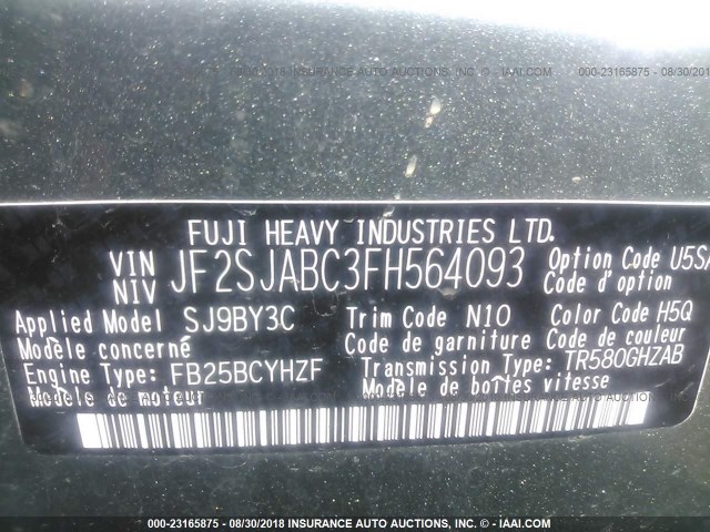 JF2SJABC3FH564093 - 2015 SUBARU FORESTER 2.5I GREEN photo 9