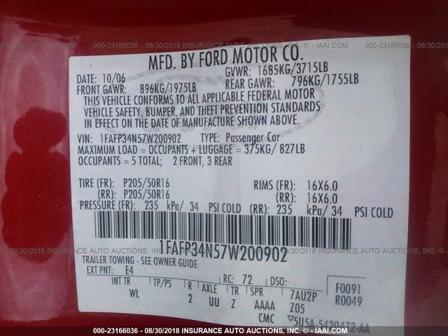 1FAFP34N57W200902 - 2007 FORD FOCUS ZX4/S/SE/SES წითელი ფოტო 9