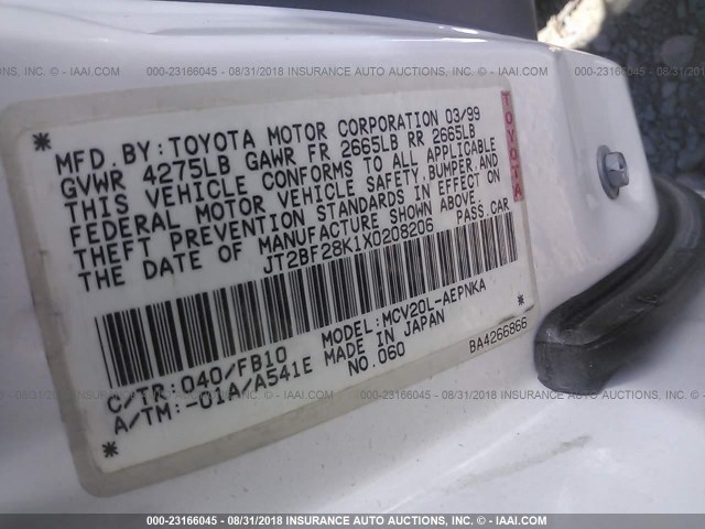 JT2BF28K1X0208206 - 1999 TOYOTA CAMRY LE/XLE WHITE photo 9