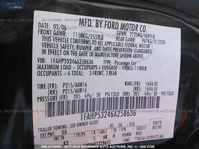 1FAHP53246A258636 - 2006 FORD TAURUS SE BLACK photo 9