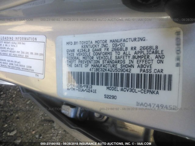 4T1BE32K42U509042 - 2002 TOYOTA CAMRY LE/XLE/SE SILVER photo 9