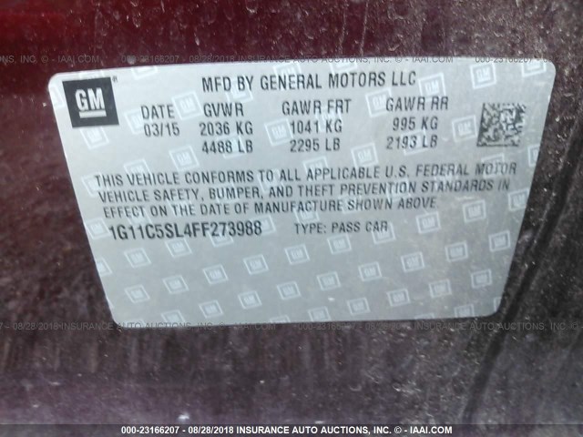 1G11C5SL4FF273988 - 2015 CHEVROLET MALIBU 1LT წითელი ფოტო 9