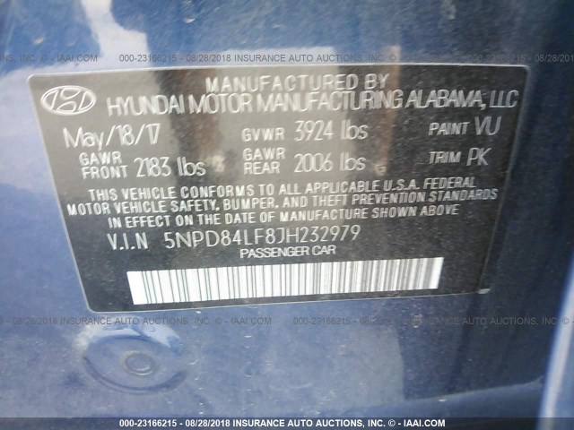 5NPD84LF8JH232979 - 2018 HYUNDAI ELANTRA SEL/VALUE/LIMITED BLUE photo 9