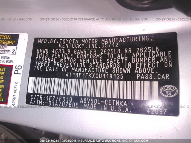 4T1BF1FKXCU118135 - 2012 TOYOTA CAMRY SE/LE/XLE 银色 照片 9