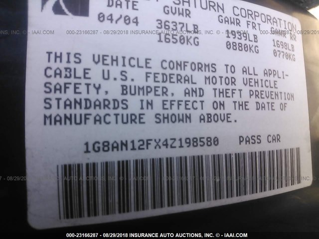 1G8AN12FX4Z198580 - 2004 SATURN ION LEVEL 2 蓝色 照片 9