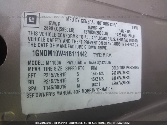 1GNDM19W41B111442 - 2001 CHEVROLET ASTRO TAN photo 9