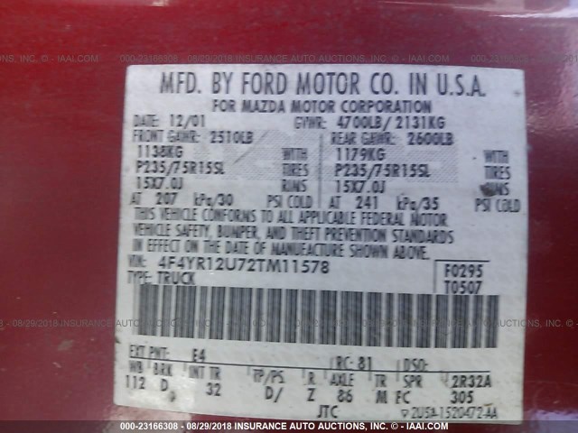 4F4YR12U72TM11578 - 2002 MAZDA B3000 RED photo 9