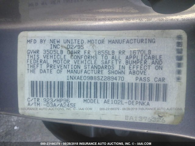 1NXAE09B8SZ289470 - 1995 TOYOTA COROLLA LE/DX ნაცრისფერი ფოტო 9