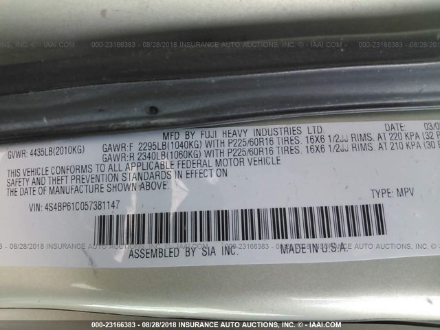 4S4BP61C057381147 - 2005 SUBARU LEGACY OUTBACK 2.5I SILVER photo 9