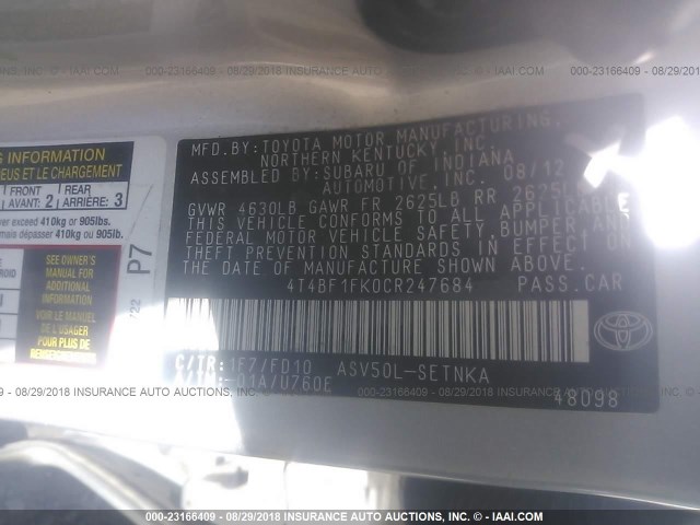 4T4BF1FK0CR247684 - 2012 TOYOTA CAMRY SE/LE/XLE SILVER photo 9