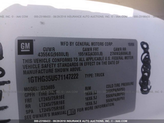 1GTHG35U571147222 - 2007 GMC SAVANA G3500 WHITE photo 9