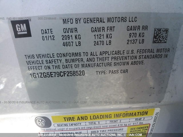 1G1ZG5E79CF258520 - 2012 CHEVROLET MALIBU LTZ 银色 照片 9