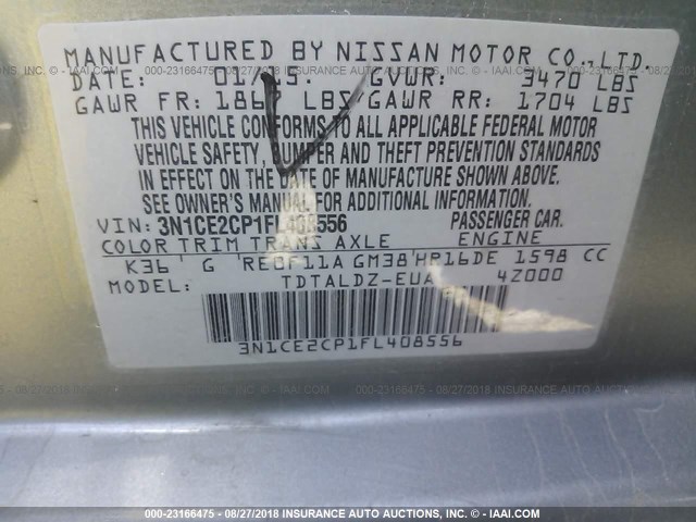 3N1CE2CP1FL408556 - 2015 NISSAN VERSA NOTE S/S PLUS/SV/SL/SR GRAY photo 9