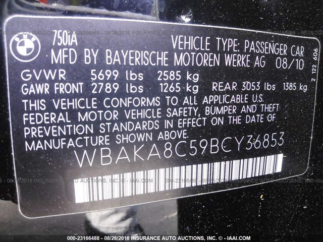 WBAKA8C59BCY36853 - 2011 BMW 750 I BLACK photo 9