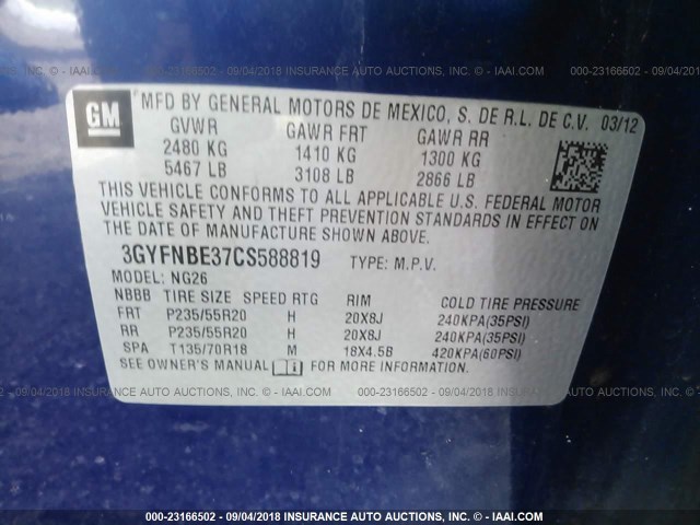 3GYFNBE37CS588819 - 2012 CADILLAC SRX PERFORMANCE COLLECTION Көк фото 9