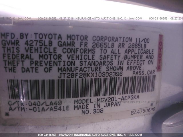JT2BF28KX10302396 - 2001 TOYOTA CAMRY LE/XLE WHITE photo 9