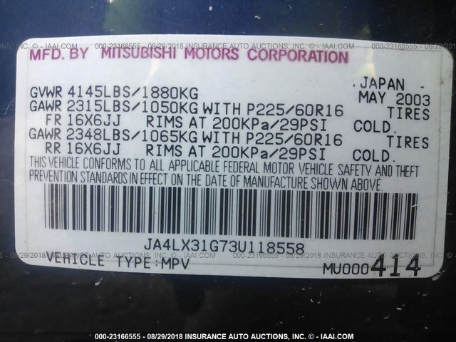 JA4LX31G73U118558 - 2003 MITSUBISHI OUTLANDER LS BLUE photo 9