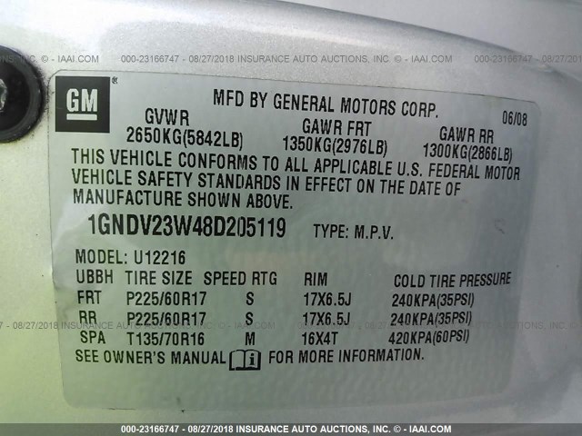 1GNDV23W48D205119 - 2008 CHEVROLET UPLANDER LS SILVER photo 9