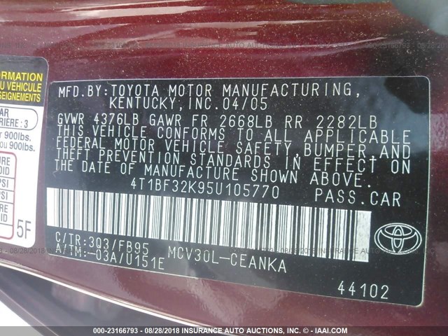 4T1BF32K95U105770 - 2005 TOYOTA CAMRY LE/XLE/SE Bordo foto 9