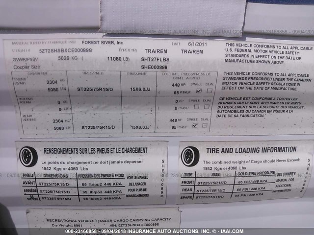 5ZT2SHSBXCE000898 - 2012 FOREST RIVER 27FLBS SHASTA REVERE  WHITE photo 9
