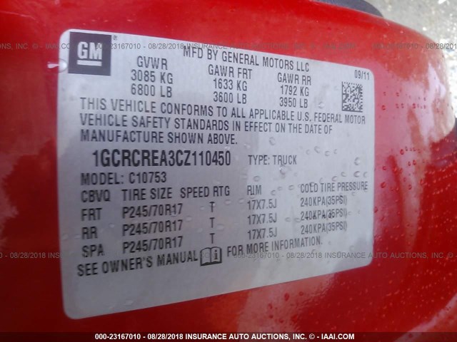 1GCRCREA3CZ110450 - 2012 CHEVROLET SILVERADO C1500  LS RED photo 9