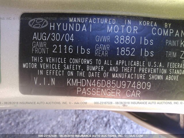 KMHDN46D85U974809 - 2005 HYUNDAI ELANTRA GLS/GT TAN photo 9