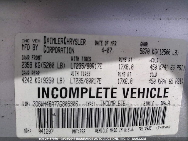 3D6WH48A77G805906 - 2007 DODGE RAM 3500 ST/SLT SILVER photo 9