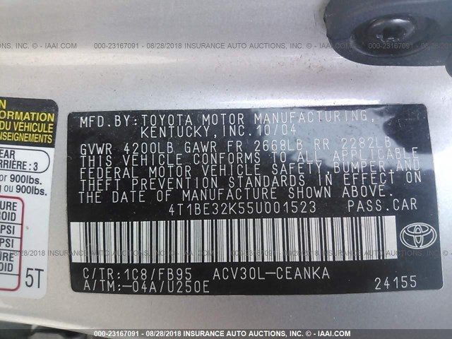 4T1BE32K55U001523 - 2005 TOYOTA CAMRY LE/XLE/SE Күміс фото 9