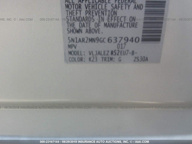 5N1AR2MN9GC637940 - 2016 NISSAN PATHFINDER S/SV/SL/PLATINUM SILVER photo 9