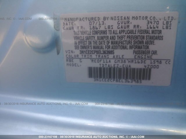 3N1CE2CP8EL363985 - 2014 NISSAN VERSA NOTE S/S PLUS/SV/SL BLUE photo 9