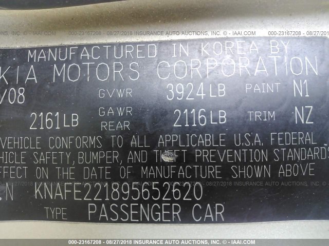 KNAFE221895652620 - 2009 KIA SPECTRA EX/LX/SX 金色 照片 9