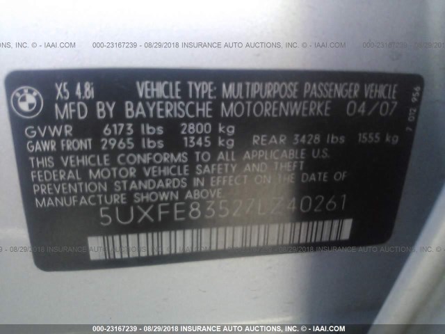 5UXFE83527LZ40261 - 2007 BMW X5 4.8I SILVER photo 9