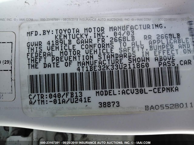 4T1BE32K33U211860 - 2003 TOYOTA CAMRY LE/XLE/SE 白色 照片 9