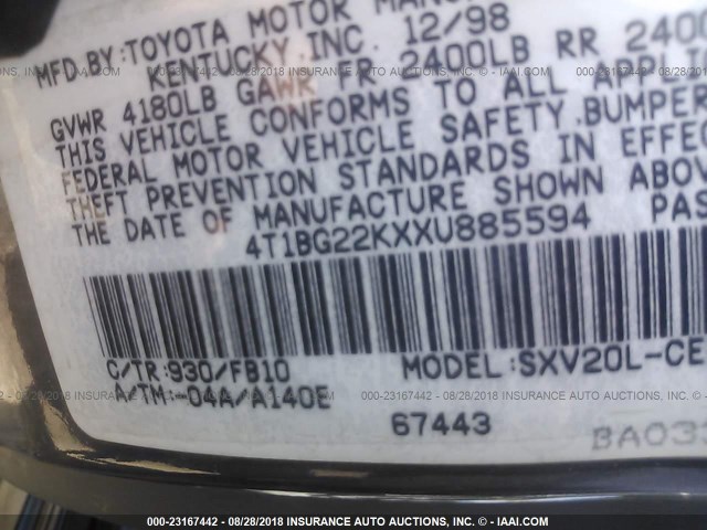 4T1BG22KXXU885594 - 1999 TOYOTA CAMRY CE/LE/XLE 灰色 照片 9