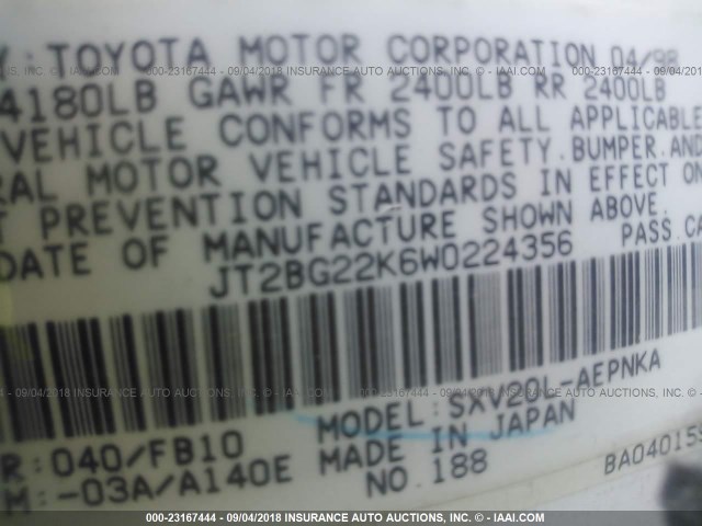 JT2BG22K6W0224356 - 1998 TOYOTA CAMRY CE/LE/XLE 白色 照片 9