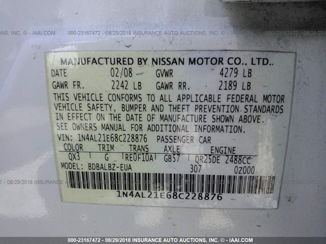 1N4AL21E68C228876 - 2008 NISSAN ALTIMA 2.5/2.5S WHITE photo 9