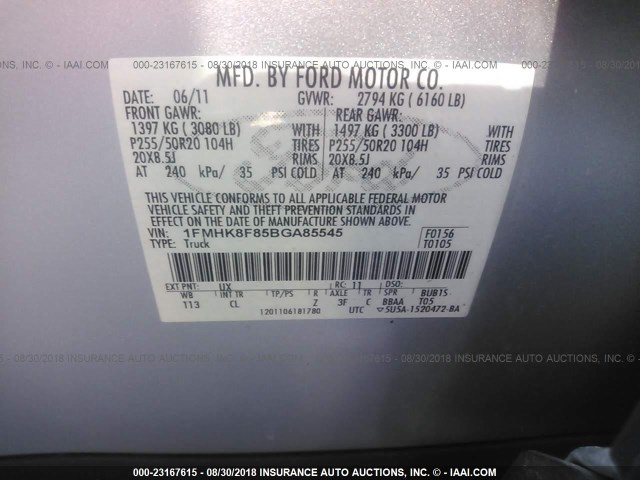 1FMHK8F85BGA85545 - 2011 FORD EXPLORER LIMITED SILVER photo 9