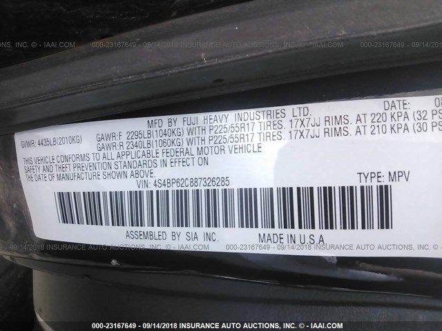 4S4BP62C887326285 - 2008 SUBARU OUTBACK 2.5I LIMITED BLACK photo 9