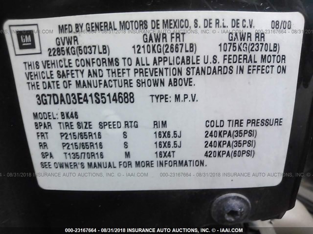 3G7DA03E41S514688 - 2001 PONTIAC AZTEK BLACK photo 9