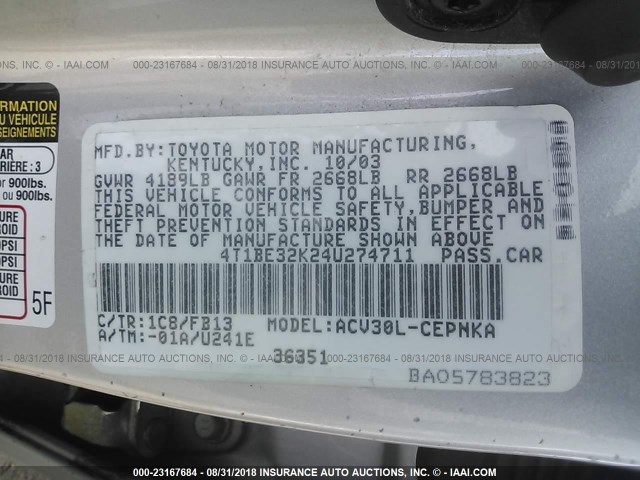4T1BE32K24U274711 - 2004 TOYOTA CAMRY LE/XLE/SE SILVER photo 9