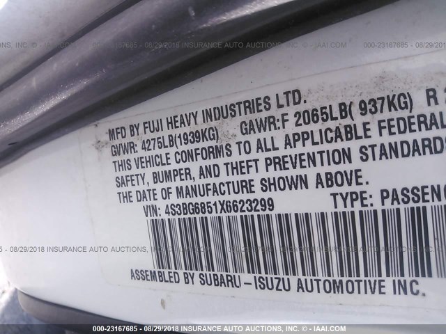 4S3BG6851X6623299 - 1999 SUBARU LEGACY OUTBACK/SSV/LIMITED/30TH WHITE photo 9