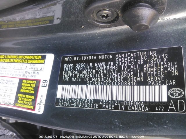 2T1KU4EE5CC808816 - 2012 TOYOTA COROLLA MATRIX  GRAY photo 9