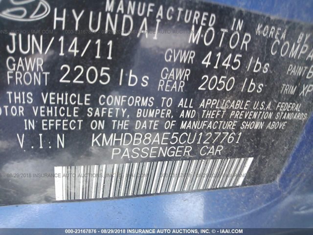 KMHDB8AE5CU127761 - 2012 HYUNDAI ELANTRA TOURING GLS BLUE photo 9